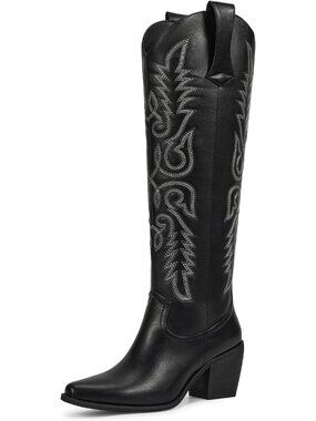 Women's Black Leather Knee High Cowgirl WetKiss Embroidered Tall Heel Boots